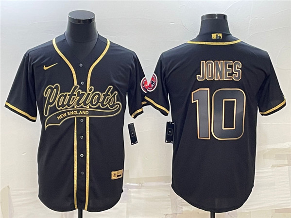 Men's New England Patriots #10 Mac Jones Black Gold With Patch Cool Base Stitched Baseball Jersey